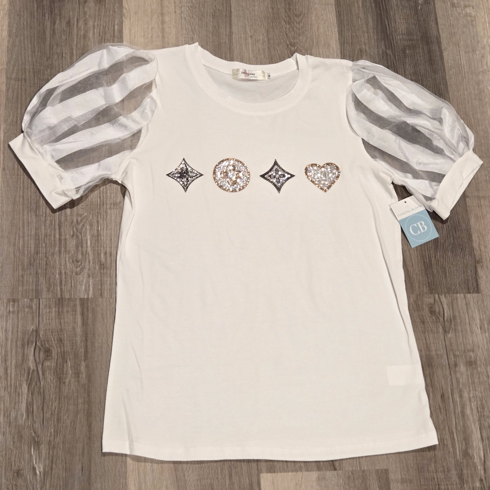 White T-shirt w/ sheer, striped puff sleeves & Rhinestone Iconic 3 Symbol Logo